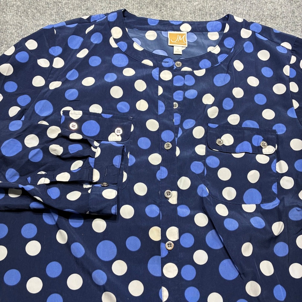 JM Collection Blouse Womens 12 Navy Blue Polka‎ Dot Button Up Roll Tab Sleeve